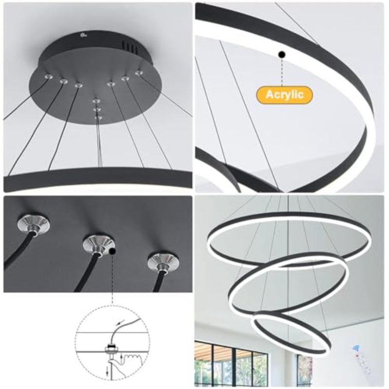 LED pendant light for living room, dining room, bedroom, hallway; metal and acrylic; black; dimmable and adjustable color temperature with remote control - Image 4