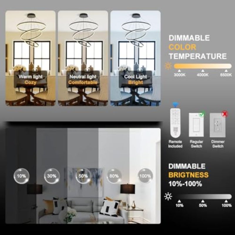 LED pendant light for living room, dining room, bedroom, hallway; metal and acrylic; black; dimmable and adjustable color temperature with remote control - Image 3