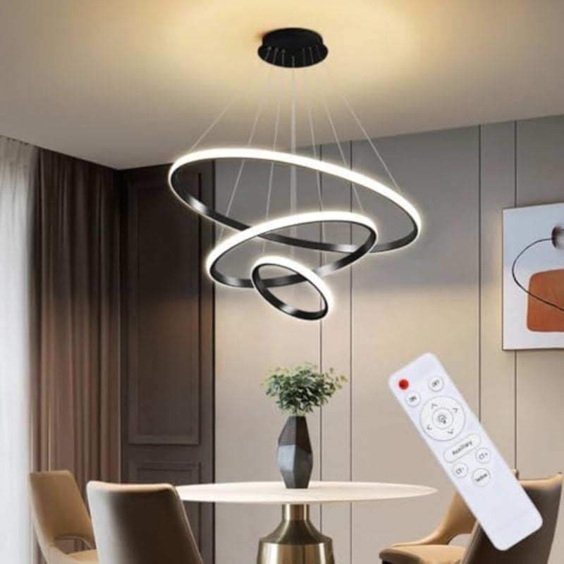 LED pendant light for living room, dining room, bedroom, hallway; metal and acrylic; black; dimmable and adjustable color temperature with remote control - Image 1