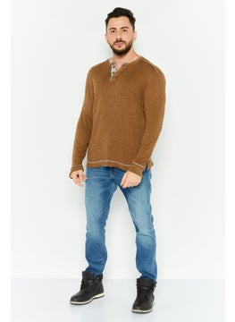 TRUE GRIT Men Henley Neck Long Sleeve Heather T-Shirts, Mocha  - Image 2