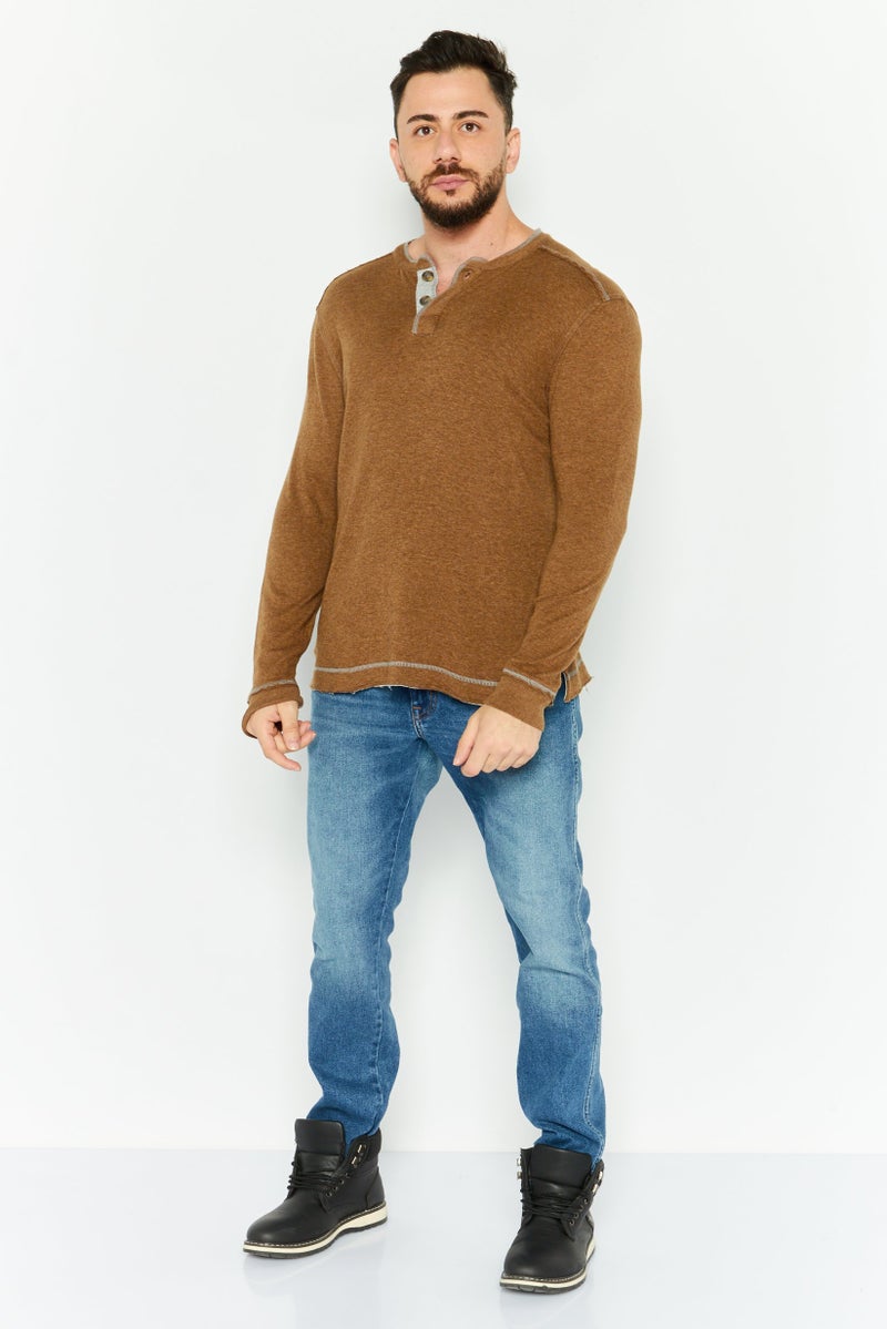 TRUE GRIT Men Henley Neck Long Sleeve Heather T-Shirts, Mocha - Image 2