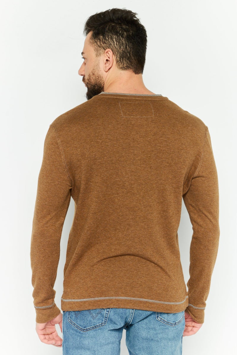 TRUE GRIT Men Henley Neck Long Sleeve Heather T-Shirts, Mocha - Image 4