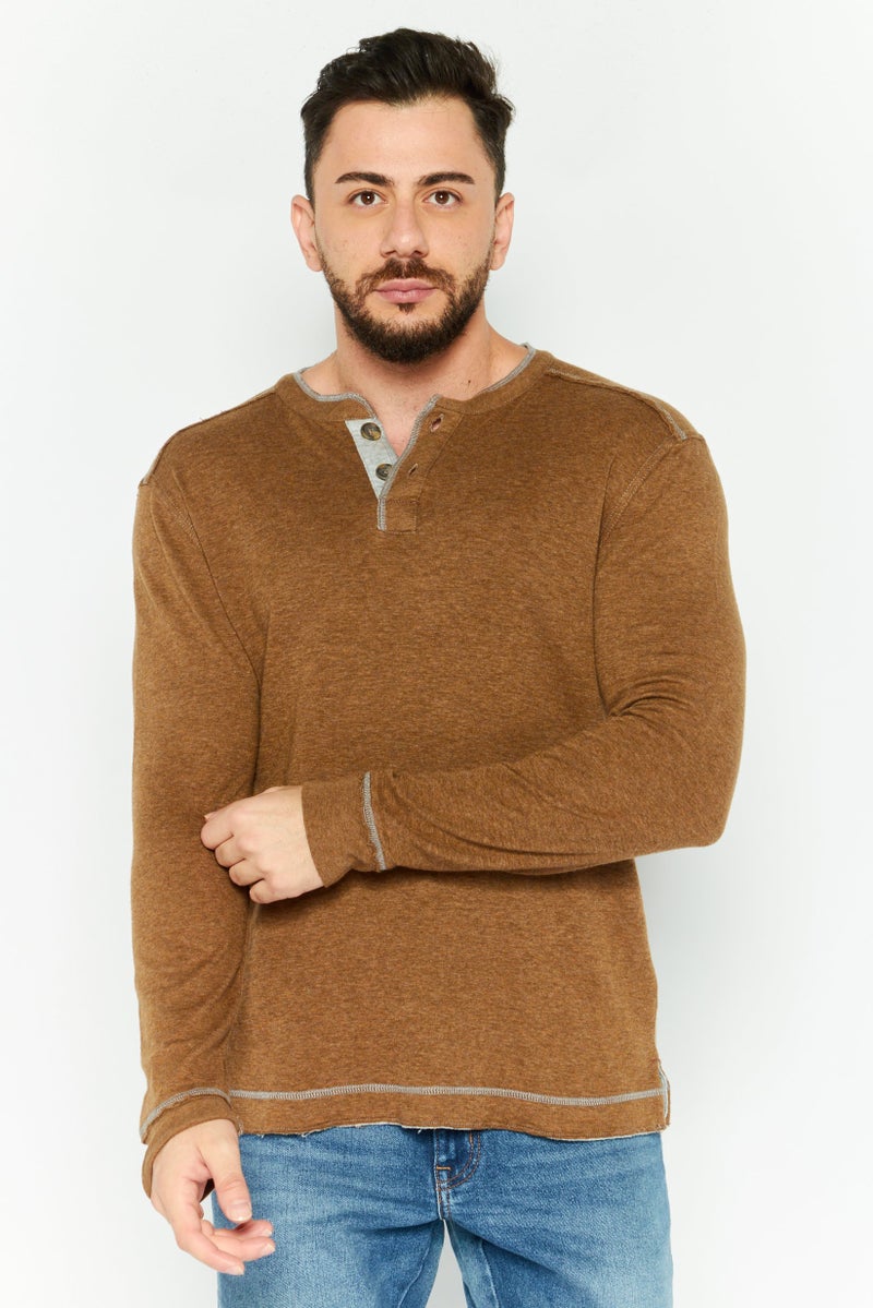 TRUE GRIT Men Henley Neck Long Sleeve Heather T-Shirts, Mocha - Image 1
