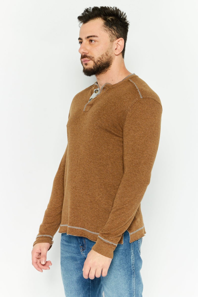 TRUE GRIT Men Henley Neck Long Sleeve Heather T-Shirts, Mocha - Image 3