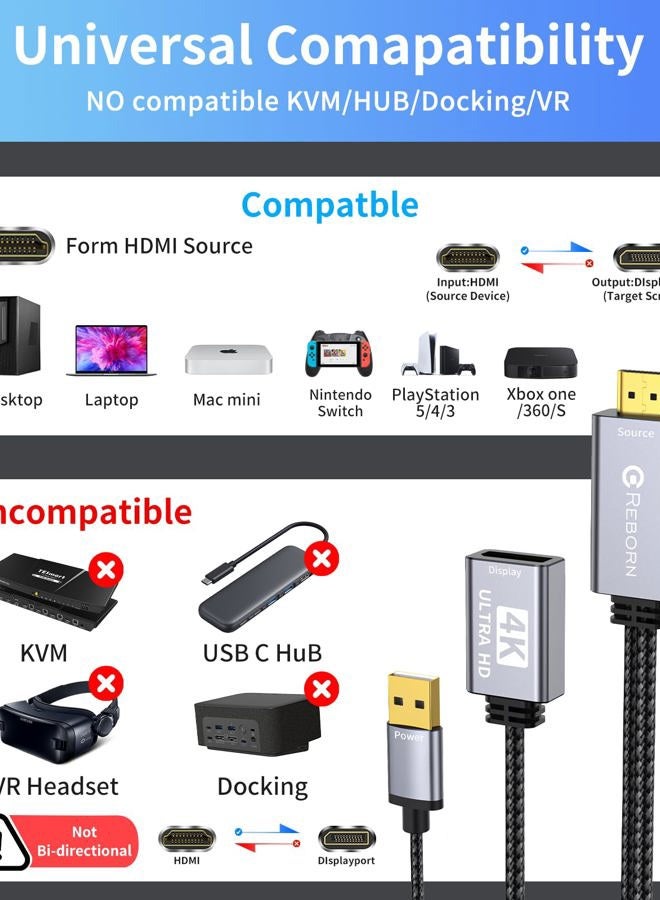 REBORN Active HDMI to DisplayPort Adapter | 4K@60Hz Converter [1Pack] Unidirectional HDMI Source to DP Display HDR Compatible with Laptop,AMD,NVIDIA,PS5,Xbox and More - Image 5