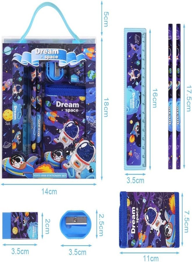 SHIVOM Astronaut School Stationery Set for Kids, 6 Pieces with Ruler, Pencil, Sharpener, Eraser, Wallet, Party Gift Pack - Image 2