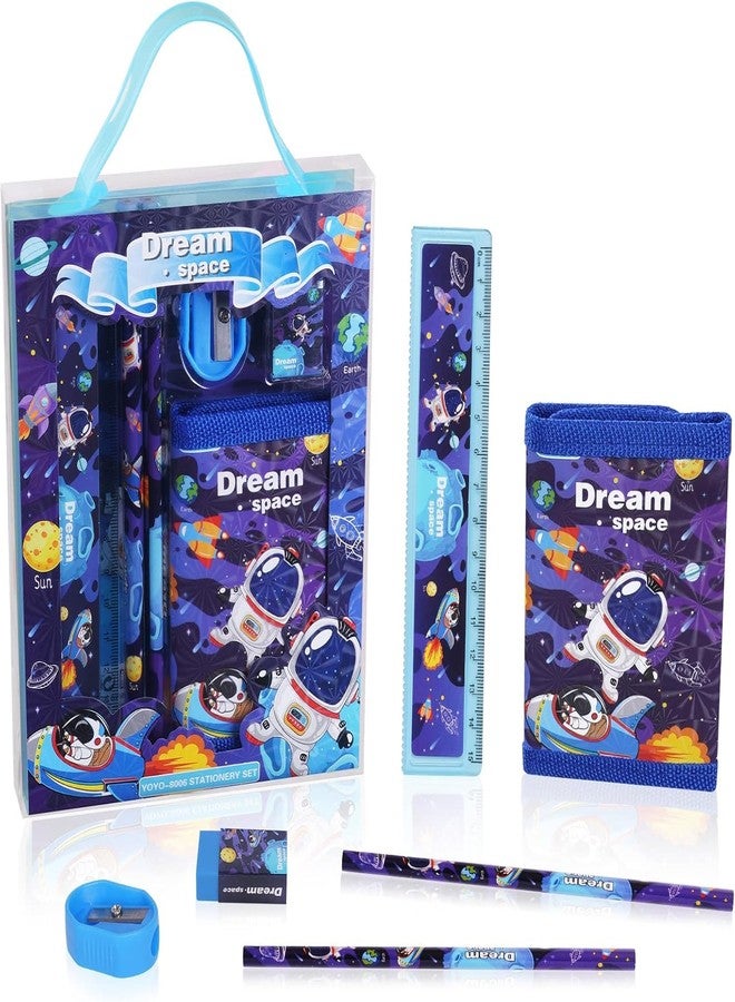 SHIVOM Astronaut School Stationery Set for Kids, 6 Pieces with Ruler, Pencil, Sharpener, Eraser, Wallet, Party Gift Pack - Image 1