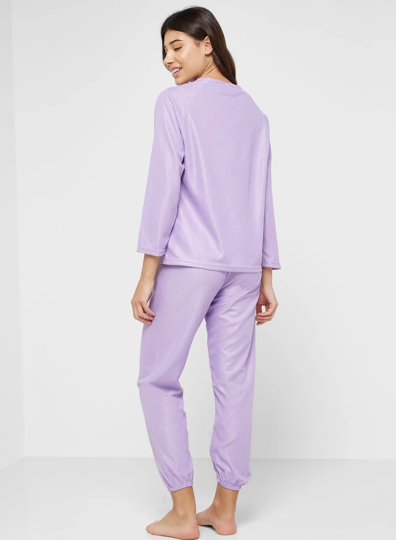 Ginger Ribbed Long Sleeves Top & Pyjama Set