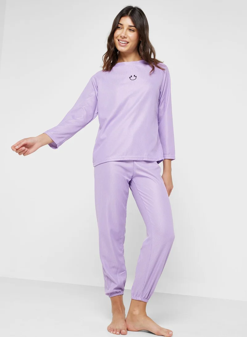 Ginger Ribbed Long Sleeves Top & Pyjama Set