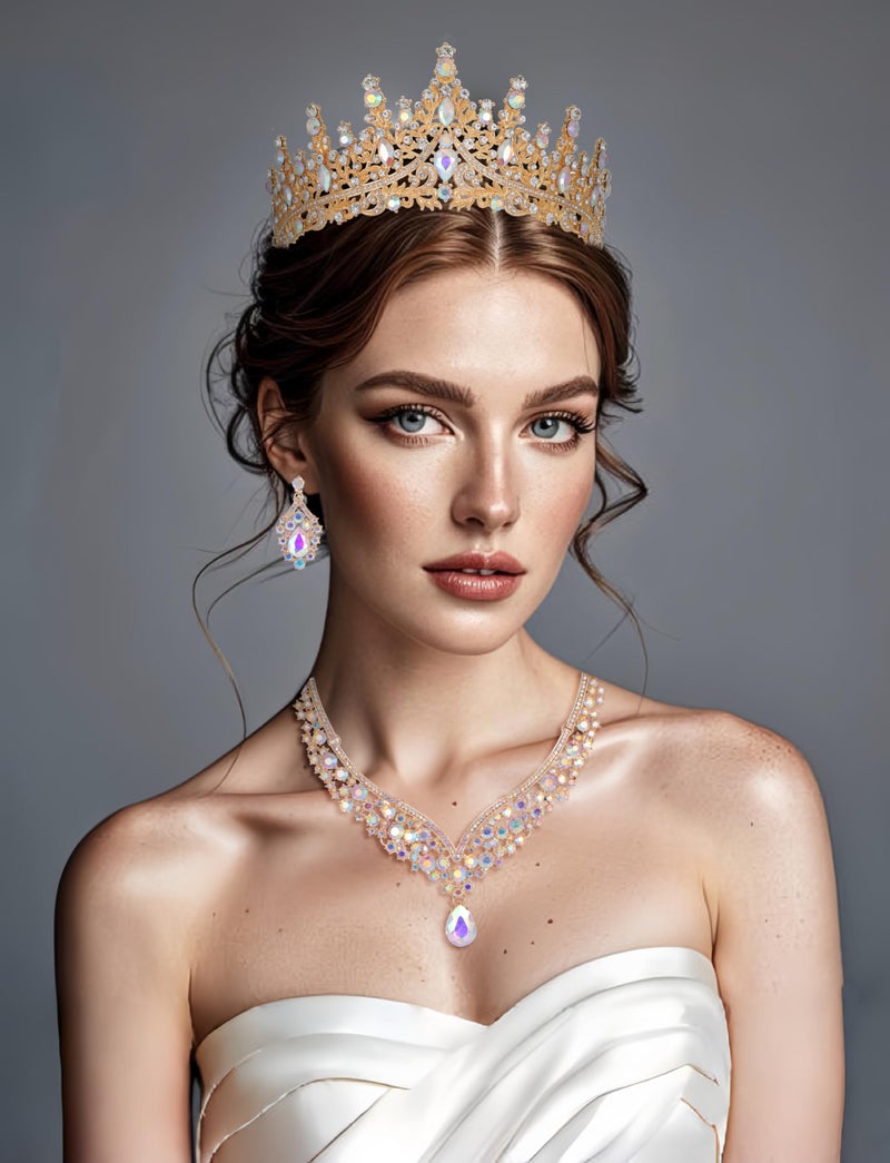Kamirola Tiaras and Crowns for Women,Tiaras Earrings Necklace, Crystal Bridal Jewelry Set, Costume Party Halloween Prom Pageant Jewelry for Women Girls(TR28) (Gold AB) - Image 3
