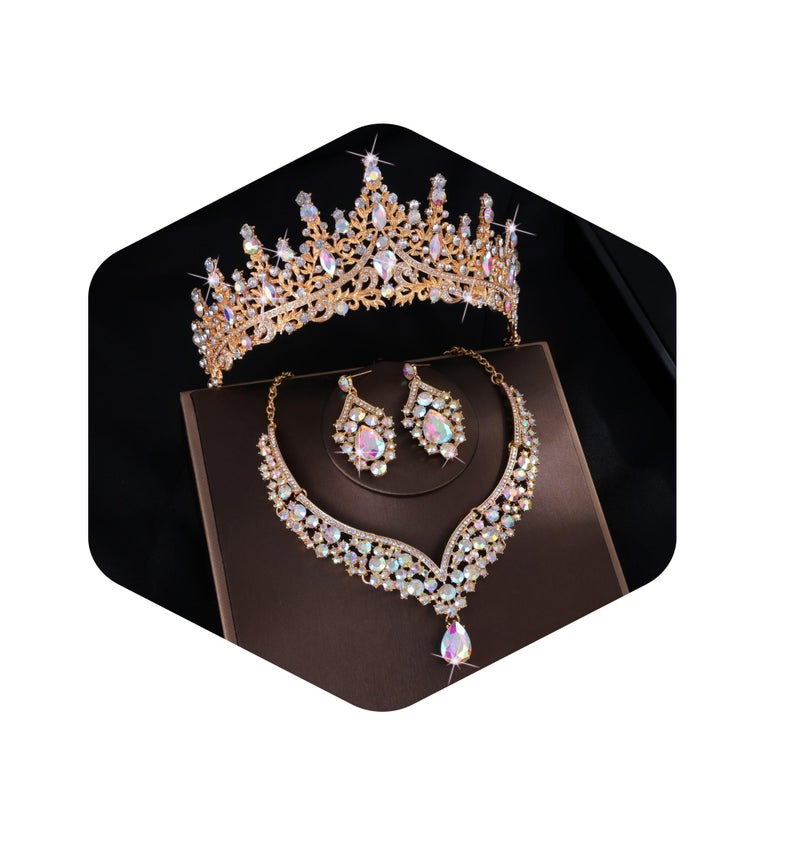 Kamirola Tiaras and Crowns for Women,Tiaras Earrings Necklace, Crystal Bridal Jewelry Set, Costume Party Halloween Prom Pageant Jewelry for Women Girls(TR28) (Gold AB) - Image 1