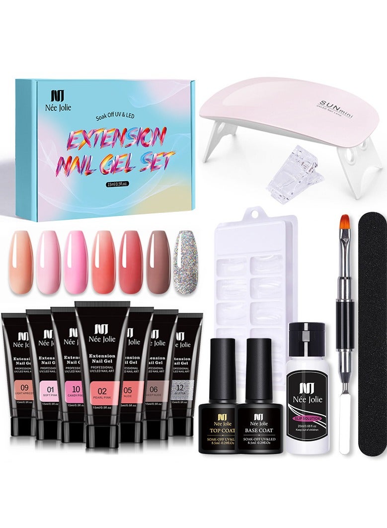 Nee Jolie 7-Color Poly Gel Nail Kit with UV Light for DIY Nail Extensions Valentine’s Gift for Women  - Image 1