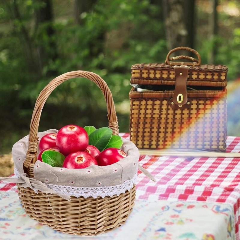 Lurrose Small Handmade Rattan Picnic Basket with Natural Daisy Linen Lining, Wicker Woven Storage Basket for Outdoor Use and Snack Organization - Image 4