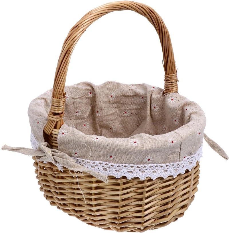 Lurrose Small Handmade Rattan Picnic Basket with Natural Daisy Linen Lining, Wicker Woven Storage Basket for Outdoor Use and Snack Organization - Image 1
