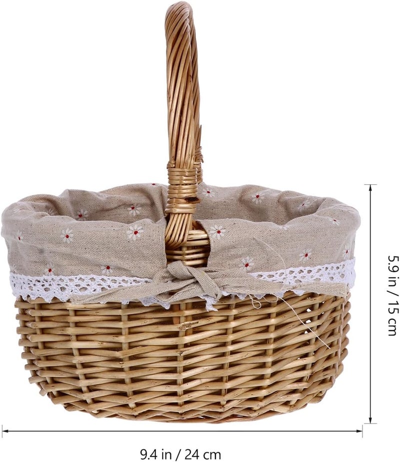 Lurrose Small Handmade Rattan Picnic Basket with Natural Daisy Linen Lining, Wicker Woven Storage Basket for Outdoor Use and Snack Organization - Image 2