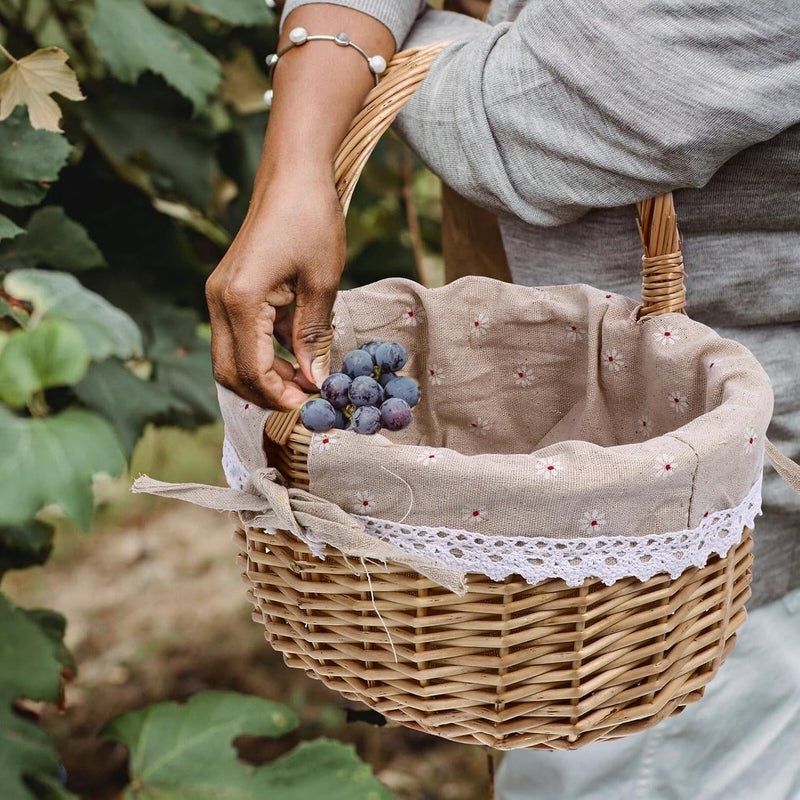 Lurrose Small Handmade Rattan Picnic Basket with Natural Daisy Linen Lining, Wicker Woven Storage Basket for Outdoor Use and Snack Organization - Image 5