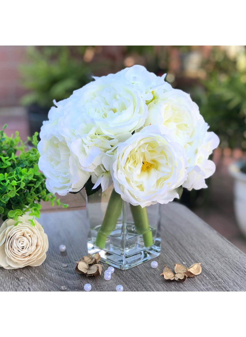 ENOVA HOME ENOVA HOME Peony and Hydrangea Mixed Artificial Flower Arrangement with Clear Glass Vase for Home Wedding Decoration Cream 