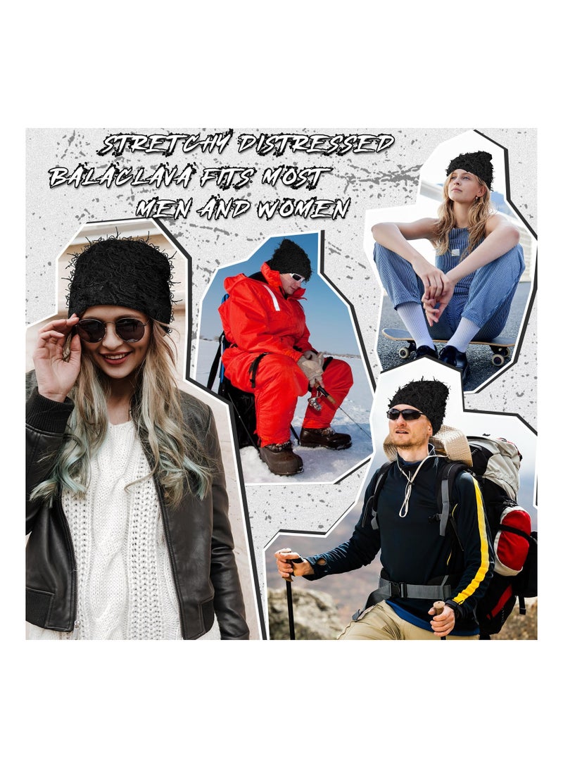 Unisex Distressed Balaclava Winter Warm Beanie, Fuzzy Snow Hats Thick Knit Cap, Winter Outdoor Cap for Men Women, Black - Image 2