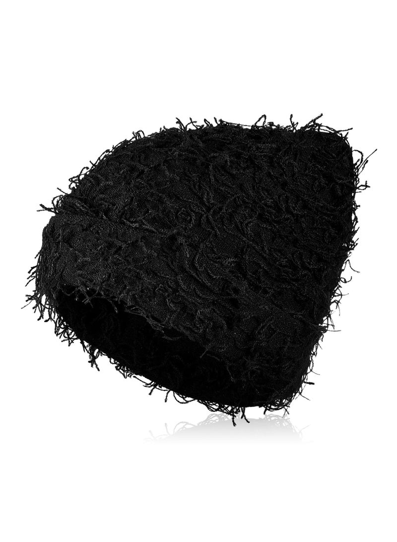 Unisex Distressed Balaclava Winter Warm Beanie, Fuzzy Snow Hats Thick Knit Cap, Winter Outdoor Cap for Men Women, Black - Image 1