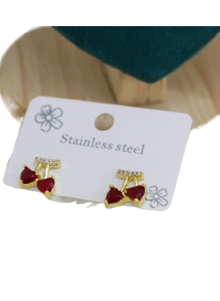 MANIKAN Stainless Steel Heart-Shaped Ruby Red Crystal Stud Earrings, Gold-Plated