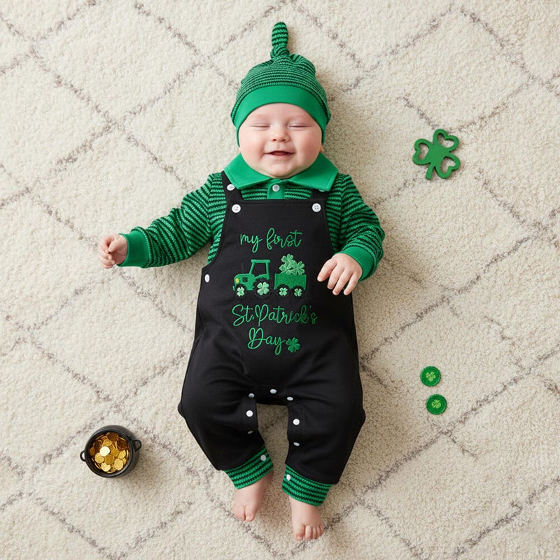 BeQeuewll My First St Patricks Day Baby Boy Outfit Infant Stripe Romper Clover Embroidery Overalls Pants Set Newborn Outfits (St Patricks, 3-6 Months) - Image 2