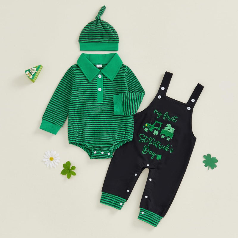 BeQeuewll My First St Patricks Day Baby Boy Outfit Infant Stripe Romper Clover Embroidery Overalls Pants Set Newborn Outfits (St Patricks, 3-6 Months) - Image 3