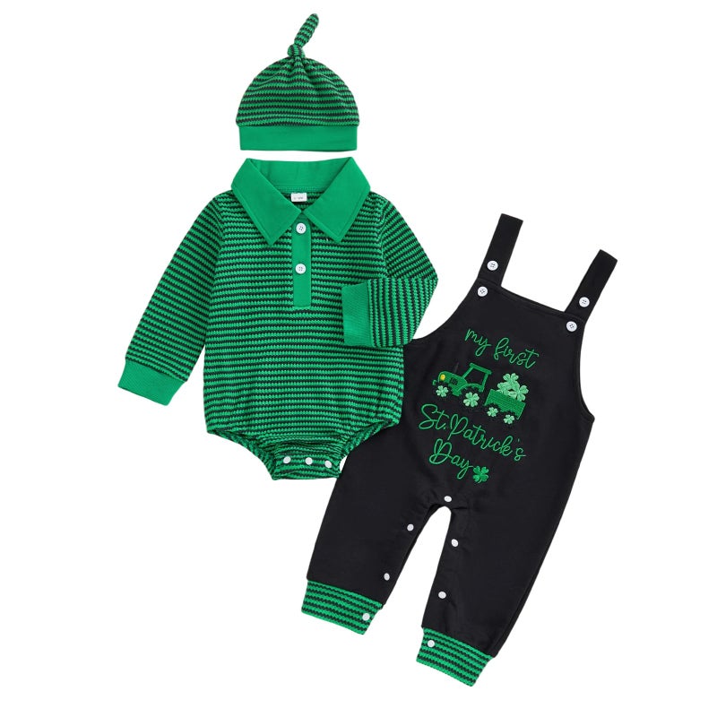 BeQeuewll My First St Patricks Day Baby Boy Outfit Infant Stripe Romper Clover Embroidery Overalls Pants Set Newborn Outfits (St Patricks, 3-6 Months) - Image 1