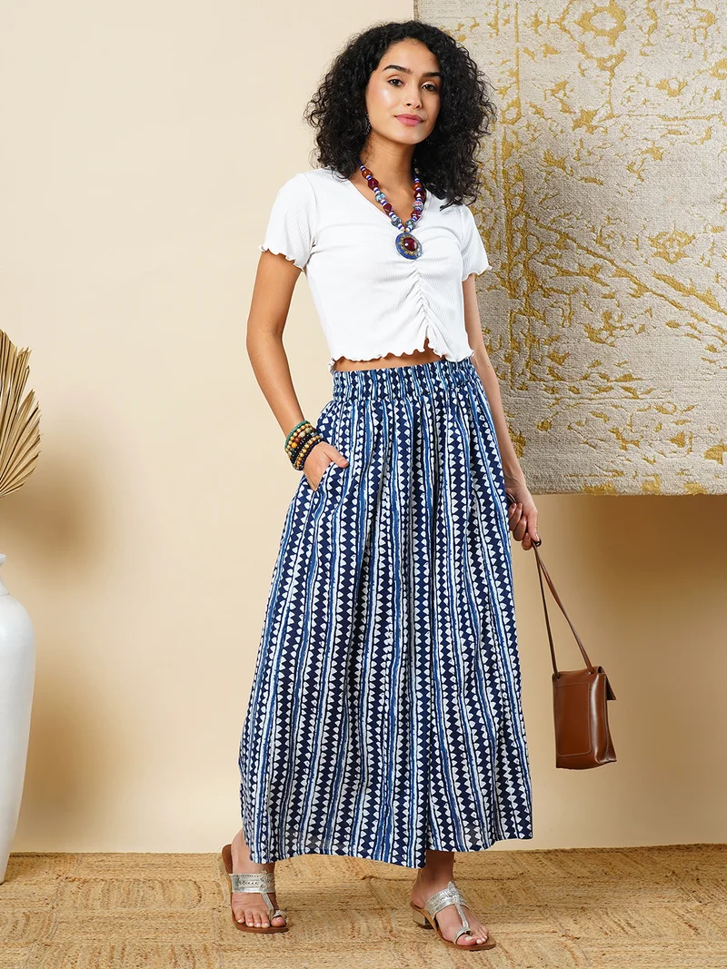 جلو باص بنطلون بالازو نسائي مطبوع بنقوش هندسية بخصر مطاطي واسع