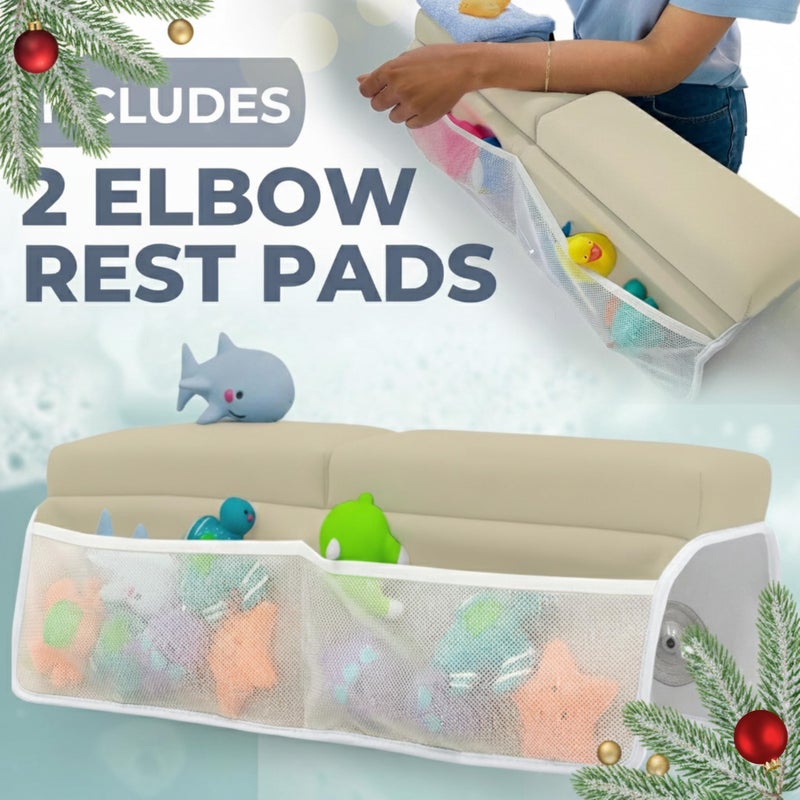 Toodly Comfortable Baby Bath Kneeler and Elbow Rest Pad Set â€“ Thick Memory Foam Bath Kneeling Pad with Elbow Support â€“ Baby Bathtub Cushion with Toy Organizer for Bathing Infant or Toddler - Beige - Image 3