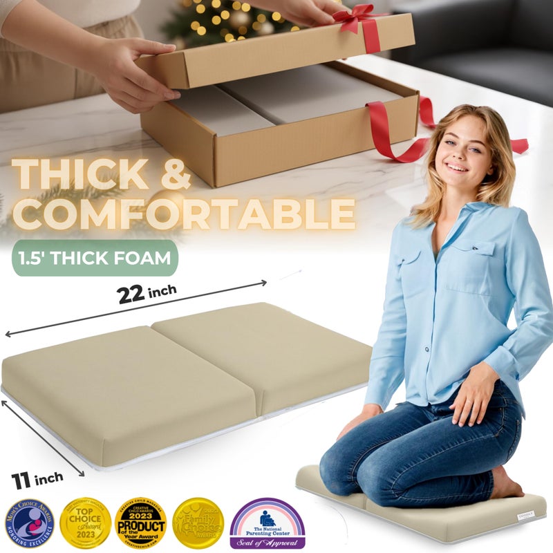 Toodly Comfortable Baby Bath Kneeler and Elbow Rest Pad Set â€“ Thick Memory Foam Bath Kneeling Pad with Elbow Support â€“ Baby Bathtub Cushion with Toy Organizer for Bathing Infant or Toddler - Beige - Image 2