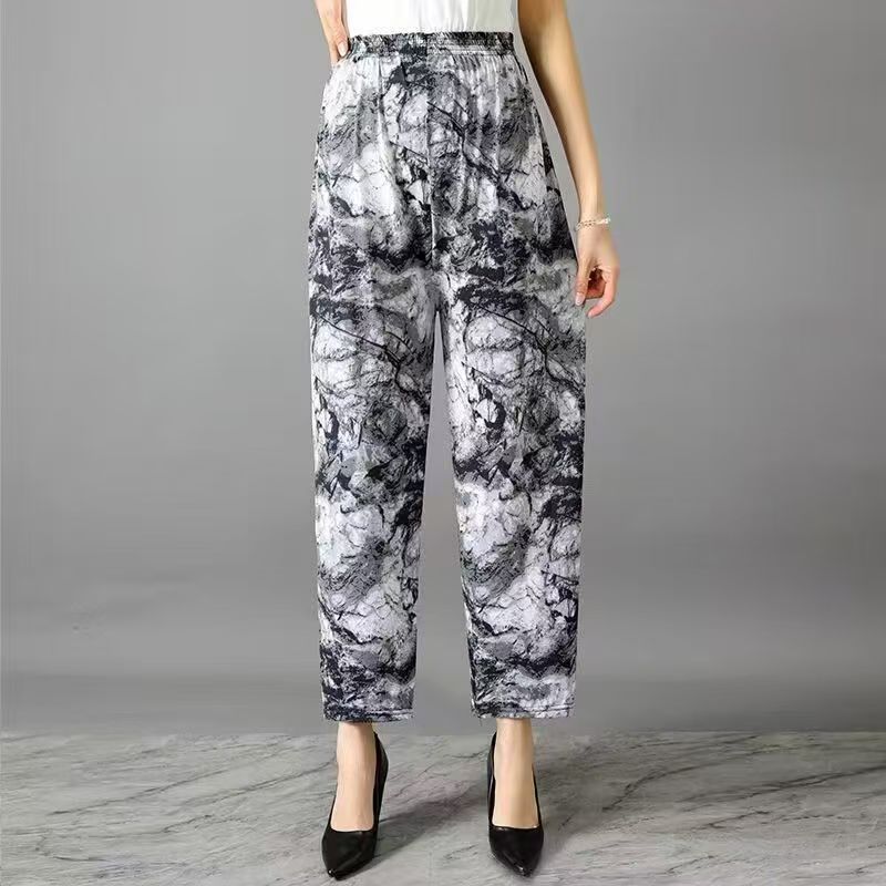 Cross-border Fashion Ink Butterfly National Style Casual Pants Womens New Chinese Style Loose Wide Leg Loose Summer New Ankle-length Pants Ink drawing 05 ice silk nine-point straight floral pants 