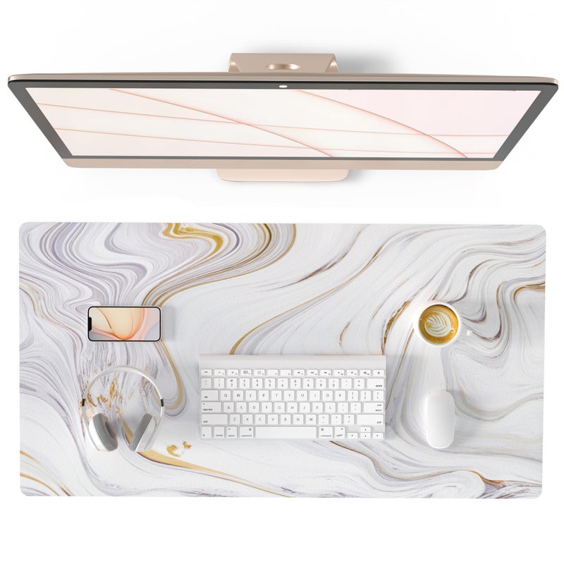 QIYI White Mouse Pad Cute Marble Large Desk Mat PU Leather Desk Protector Mousepad Gold Grey Striped Waterproof Computer Keyboard Gaming Mouse Pads Non Slip Extended Writing Pad 315 x 157