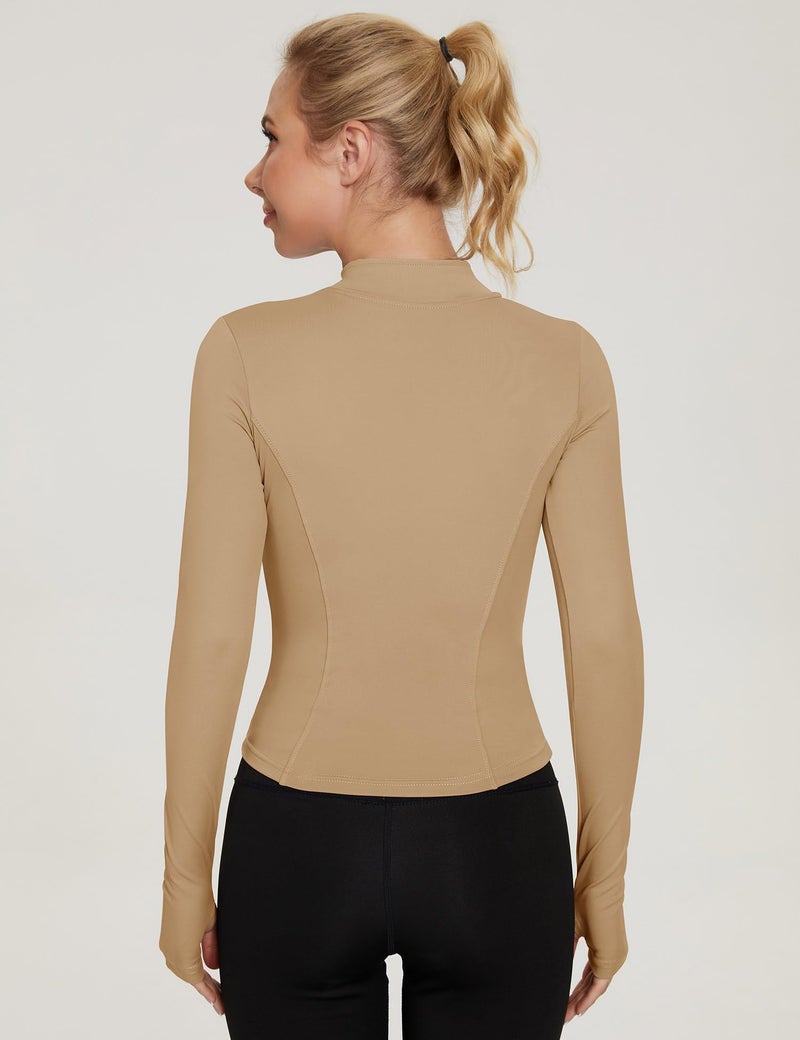 LUYAA Light Jackets for Women Tight Fit Workout Jacket Crop zip upYoga Tops Athletic Compression Shirts Light Khaki XL - Image 5