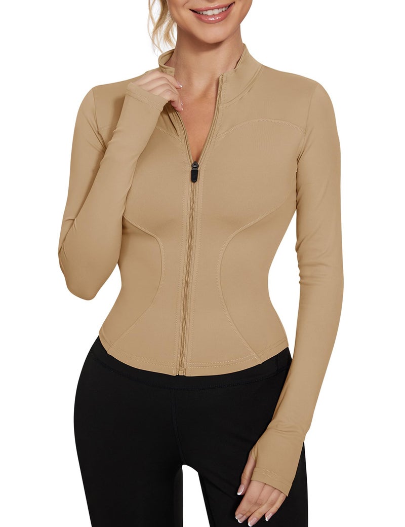 LUYAA Light Jackets for Women Tight Fit Workout Jacket Crop zip upYoga Tops Athletic Compression Shirts Light Khaki XL - Image 1