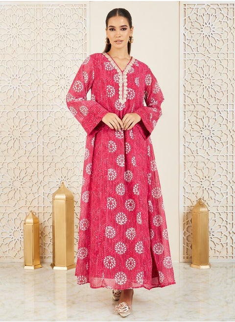 Embroidered Lace Trim AOP Jalabiya