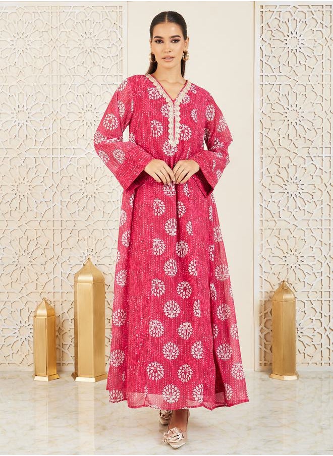 Embroidered Lace Trim AOP Jalabiya