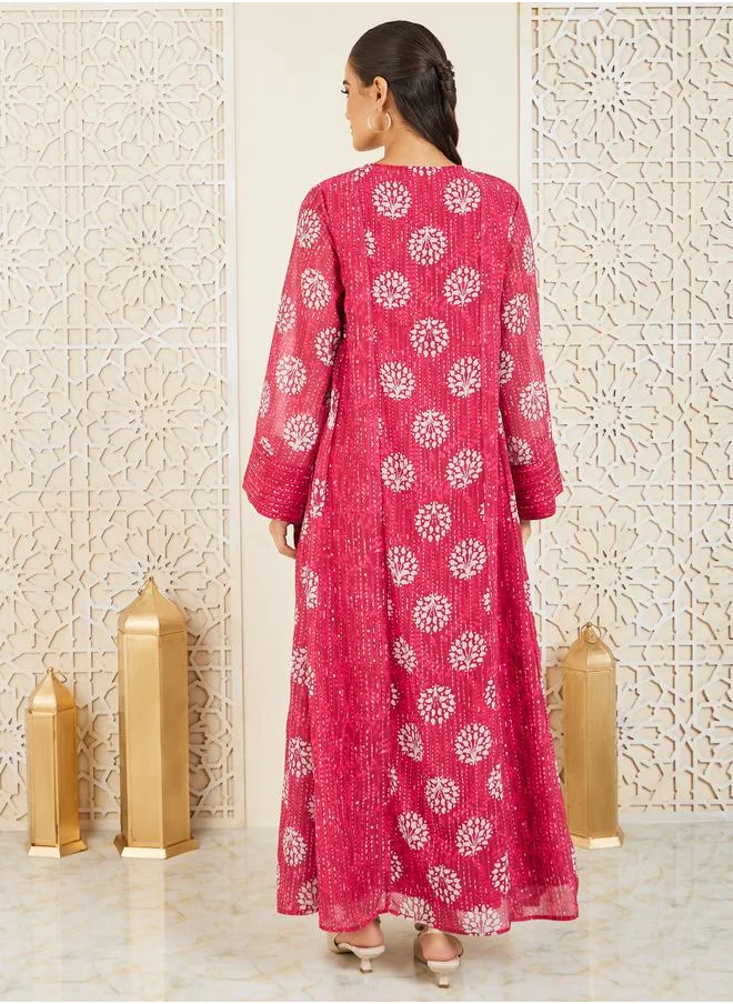 Styli Embroidered Lace Trim AOP Jalabiya