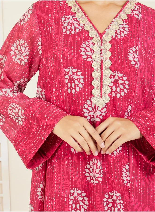 Styli Embroidered Lace Trim AOP Jalabiya