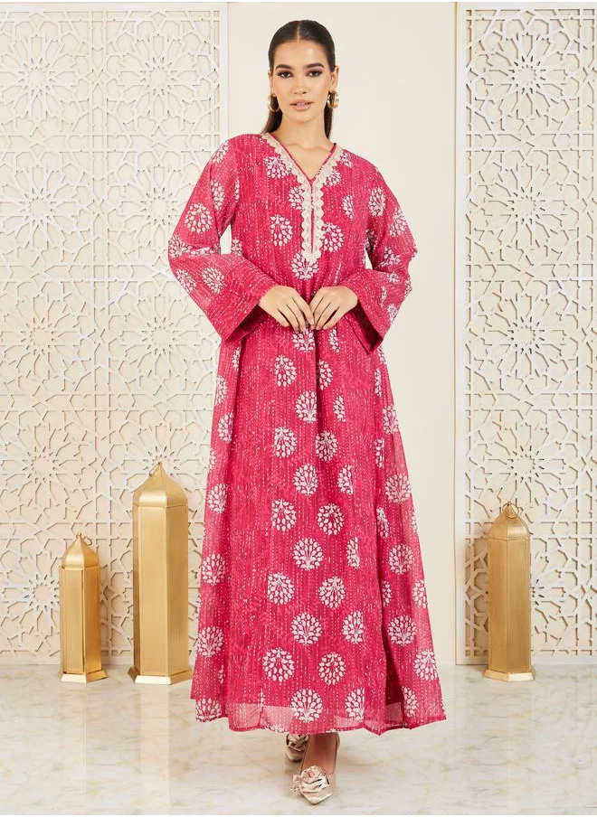 Styli Embroidered Lace Trim AOP Jalabiya