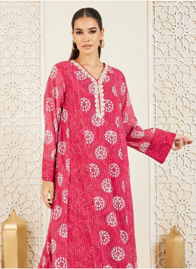 Styli Embroidered Lace Trim AOP Jalabiya