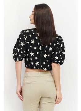 John Zack Women Petite Round Neck Puffed Sleeve Allover Print Crop Top, Black  - Image 2