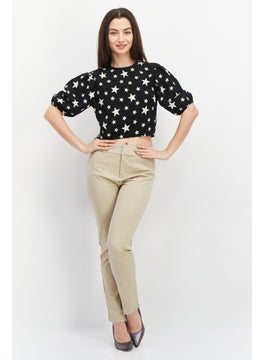 John Zack Women Petite Round Neck Puffed Sleeve Allover Print Crop Top, Black  - Image 3