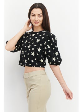 John Zack Women Petite Round Neck Puffed Sleeve Allover Print Crop Top, Black  - Image 4
