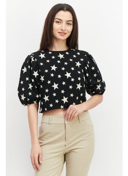 John Zack Women Petite Round Neck Puffed Sleeve Allover Print Crop Top, Black  - Image 1