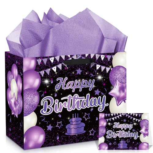 Wayyogh Purple Birthday Gift Bag Large Purple and Black Happy Birthday Wrap Gift Bag with Card and Tissue Paper for Girls Women Anniversary Party Favors Kids Adults Goodie Wrapping Bag Supplies - Image 1