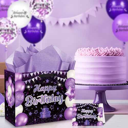 Wayyogh Purple Birthday Gift Bag Large Purple and Black Happy Birthday Wrap Gift Bag with Card and Tissue Paper for Girls Women Anniversary Party Favors Kids Adults Goodie Wrapping Bag Supplies - Image 3