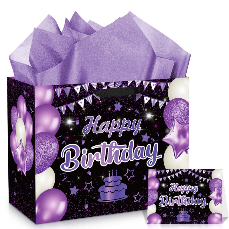 Wayyogh Purple Birthday Gift Bag Large Purple and Black Happy Birthday Wrap Gift Bag with Card and Tissue Paper for Girls Women Anniversary Party Favors Kids Adults Goodie Wrapping Bag Supplies - Image 2