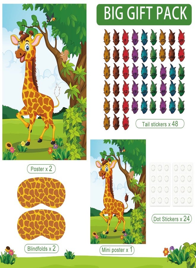 ASTARON 2 Sets Pin The Tail on The Giraffe for Safari Jungle Animal Party Game Zoo-Themed Birthday Party Supplies 2 Posters 21"x 28" with 48pcs Tail Stickers Kids Wall Home Decor - Image 2