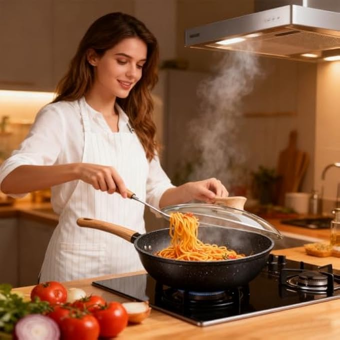 Fohome مقلاة غير لاصقة، مقلاة عميقة مع غطاء، مقلاة غير لاصقة، مقلاة سوتيه، مقبض StayCool، متوافقة مع أدوات الطهي الحجرية الصحية، مقلاة طهي خالية من حمض بيرفلورو الأوكتانويك (PFOA)، 32 سم، لون أسود - Image 4