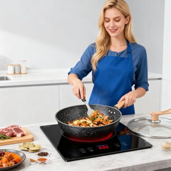 Fohome مقلاة غير لاصقة، مقلاة عميقة مع غطاء، مقلاة غير لاصقة، مقلاة سوتيه، مقبض StayCool، متوافقة مع أدوات الطهي الحجرية الصحية، مقلاة طهي خالية من حمض بيرفلورو الأوكتانويك (PFOA)، 32 سم، لون أسود - Image 3